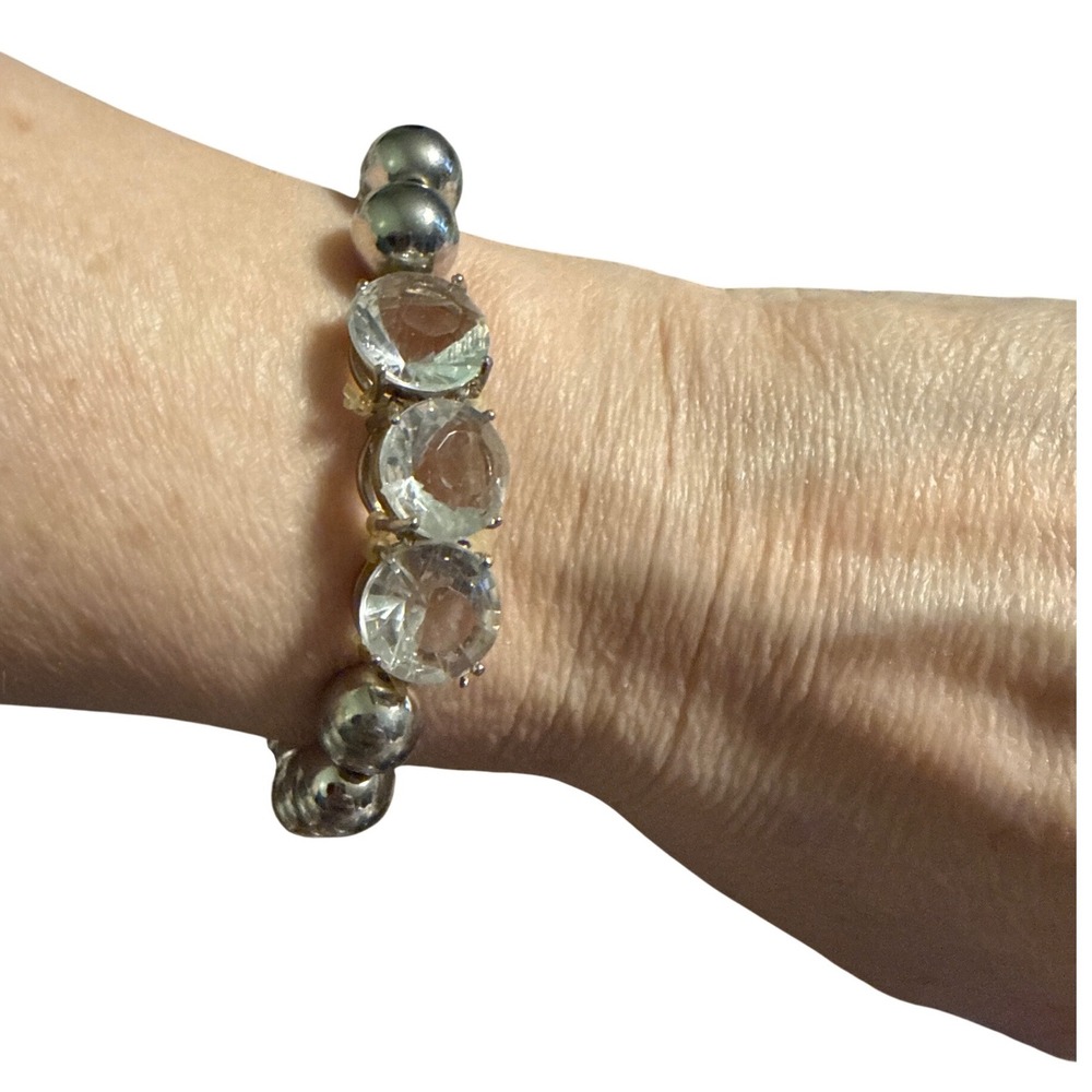 by Gennaro Silver Tone Beaded Stretch Bracelet with Triple Clear Crystals New